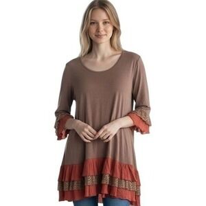 Aria‎ Handmade Tunic Top Womens L Brown Orange Ruffle Bell Sleeve Boho Casual LG